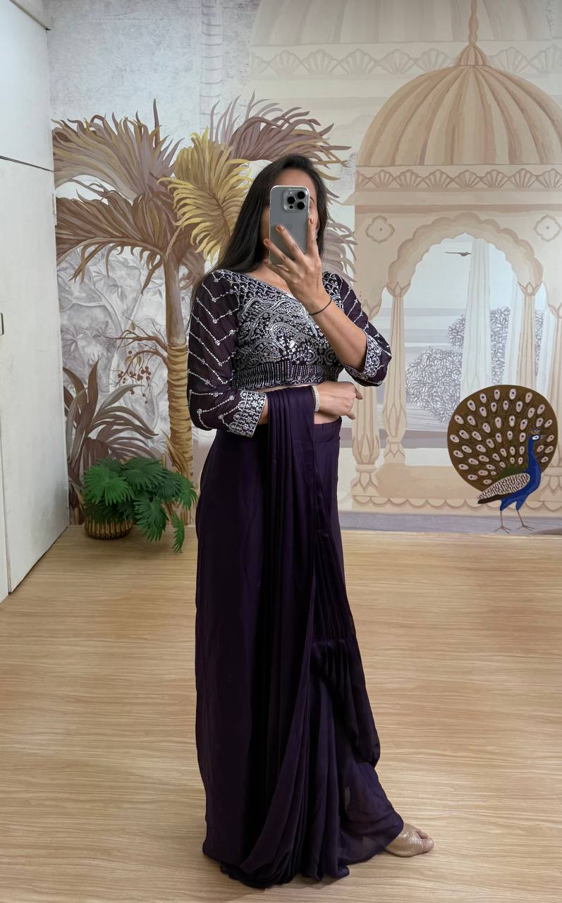 Ready to Wear 1 Min Dark Wine Silk Saree With Stitched Blouse