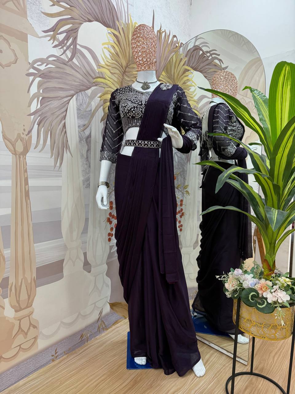 Ready to Wear 1 Min Dark Wine Silk Saree With Stitched Blouse
