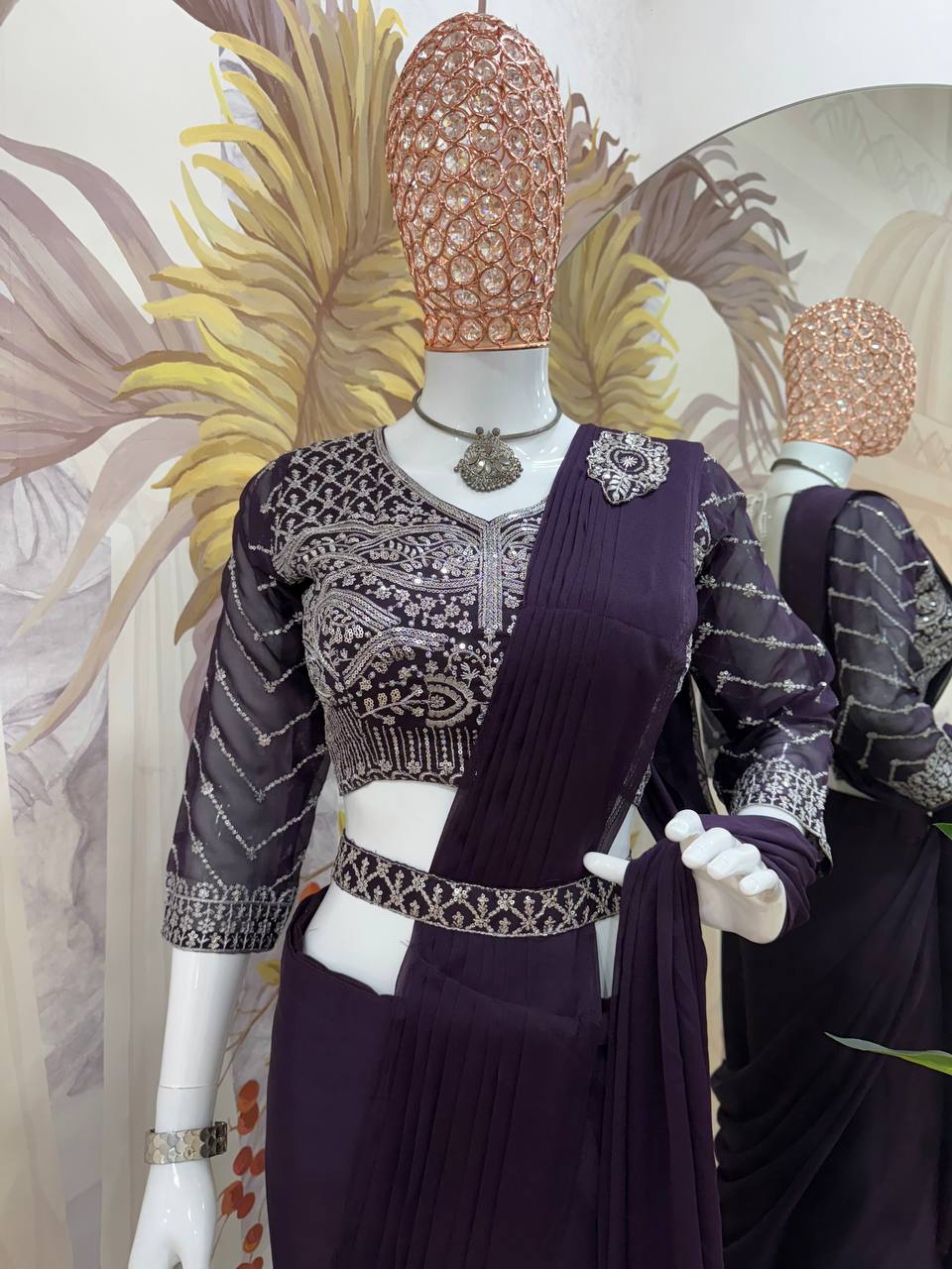 Ready to Wear 1 Min Dark Wine Silk Saree With Stitched Blouse