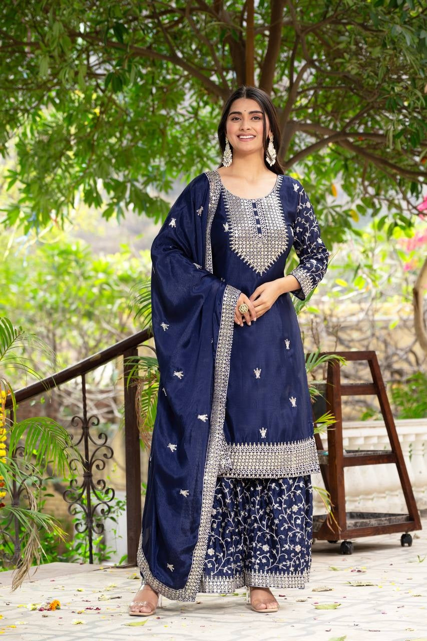 Enchanting Navy Blue Chinon Sequence Embroidery Wedding Wear Sharara Suit With Dupatta