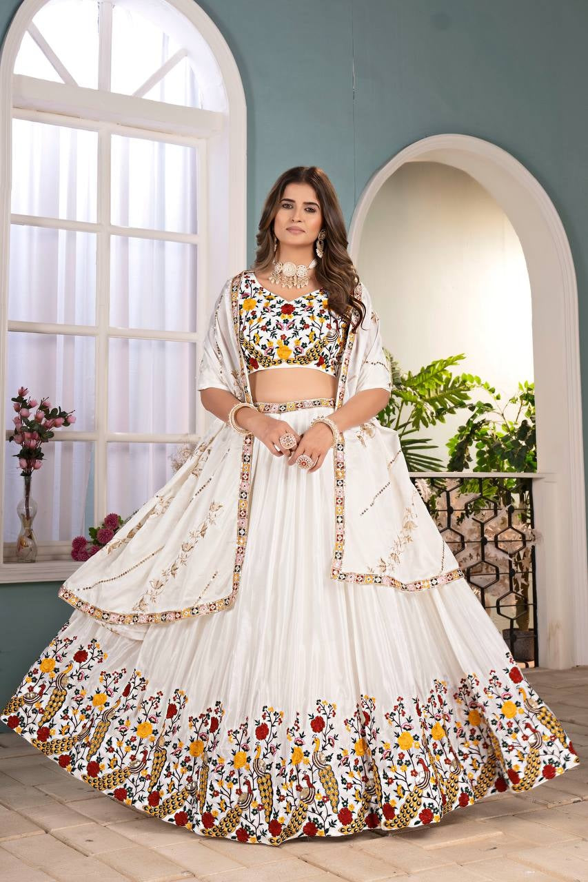 Attrative White chinon Multicolor Embroidered Sequence Designer Lehnge Choli With Dupatta