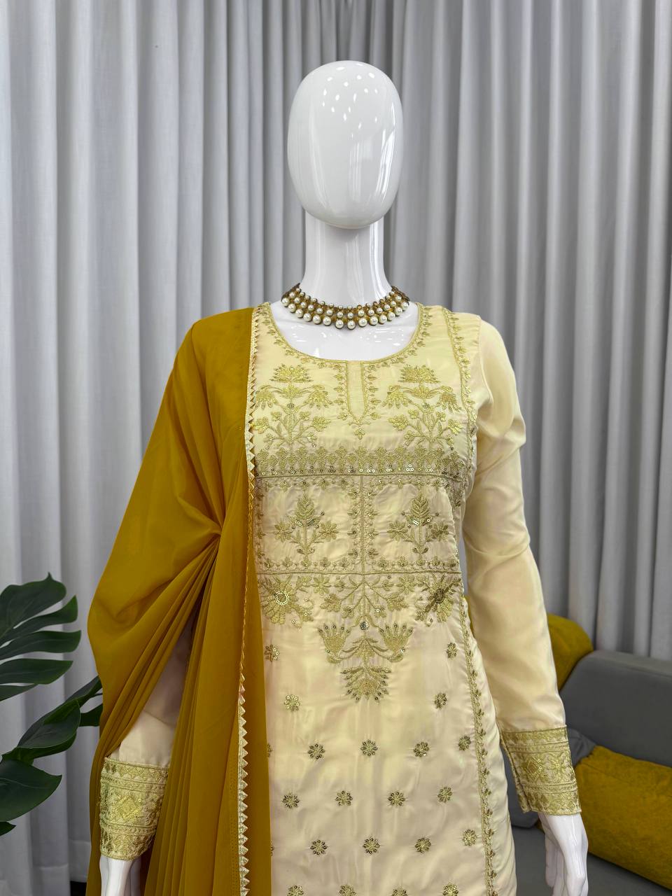 Fully Stiched Beige Colour Thread with Sequnce Sharara Suit