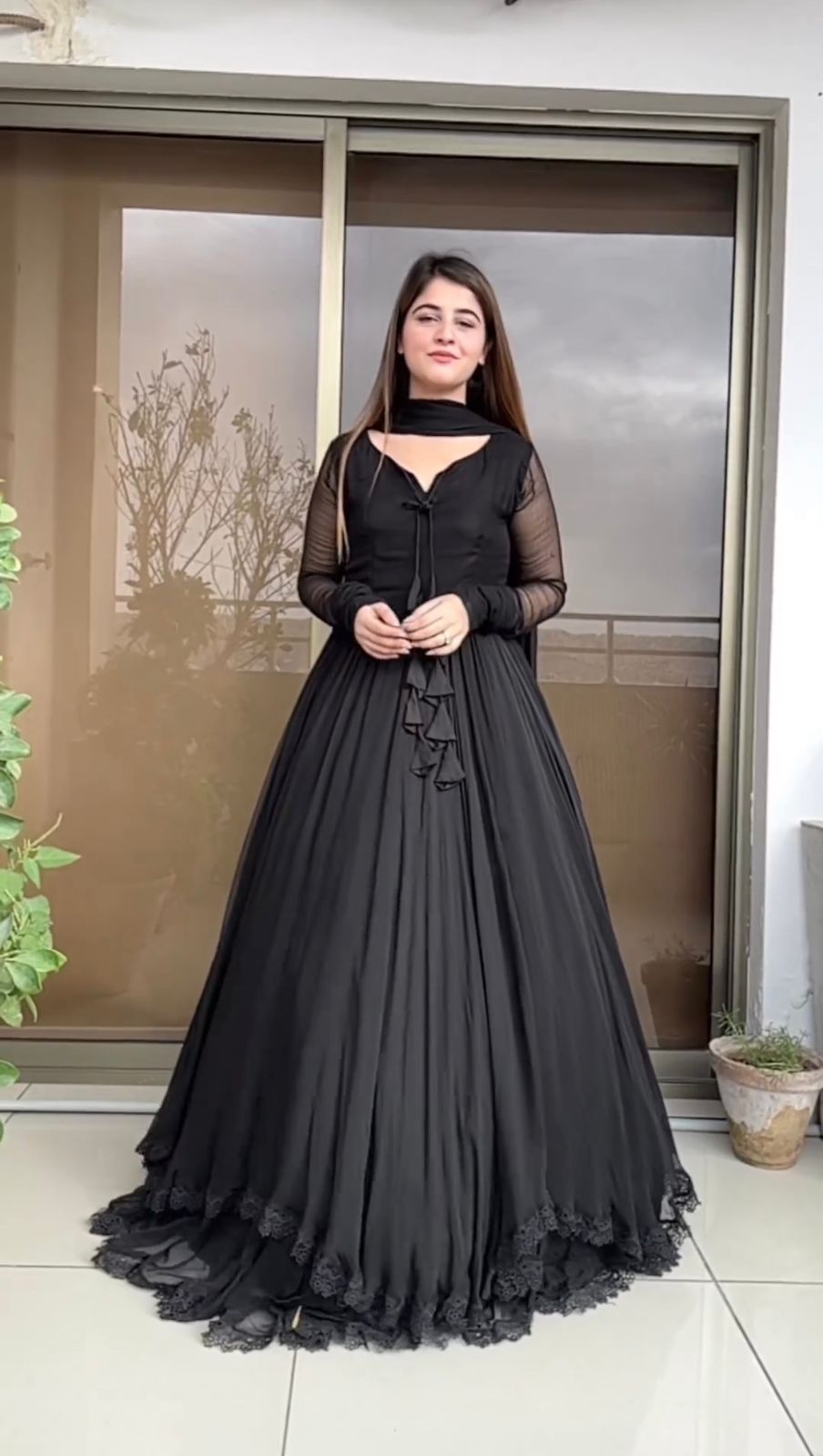 Function Wear Black Color Georgette Plain Gown For Women