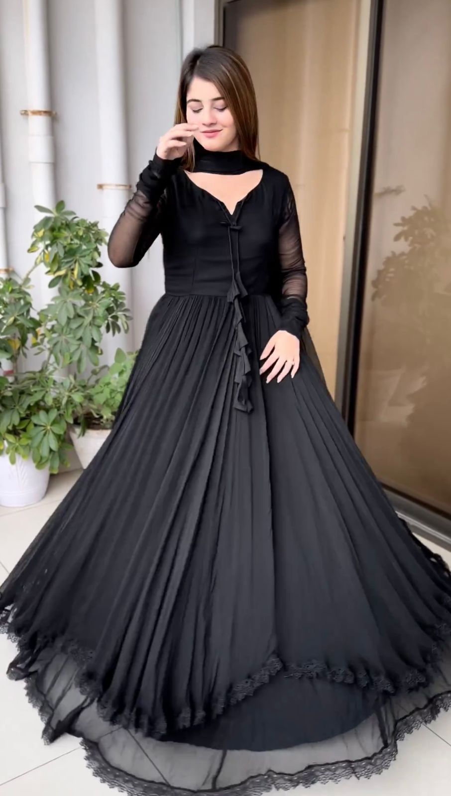 Function Wear Black Color Georgette Plain Gown For Women