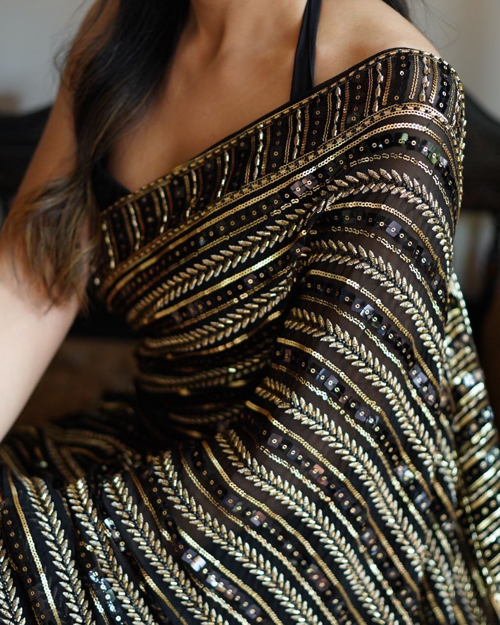 Gold Sequence Work Black Georgette Party Wear Saree