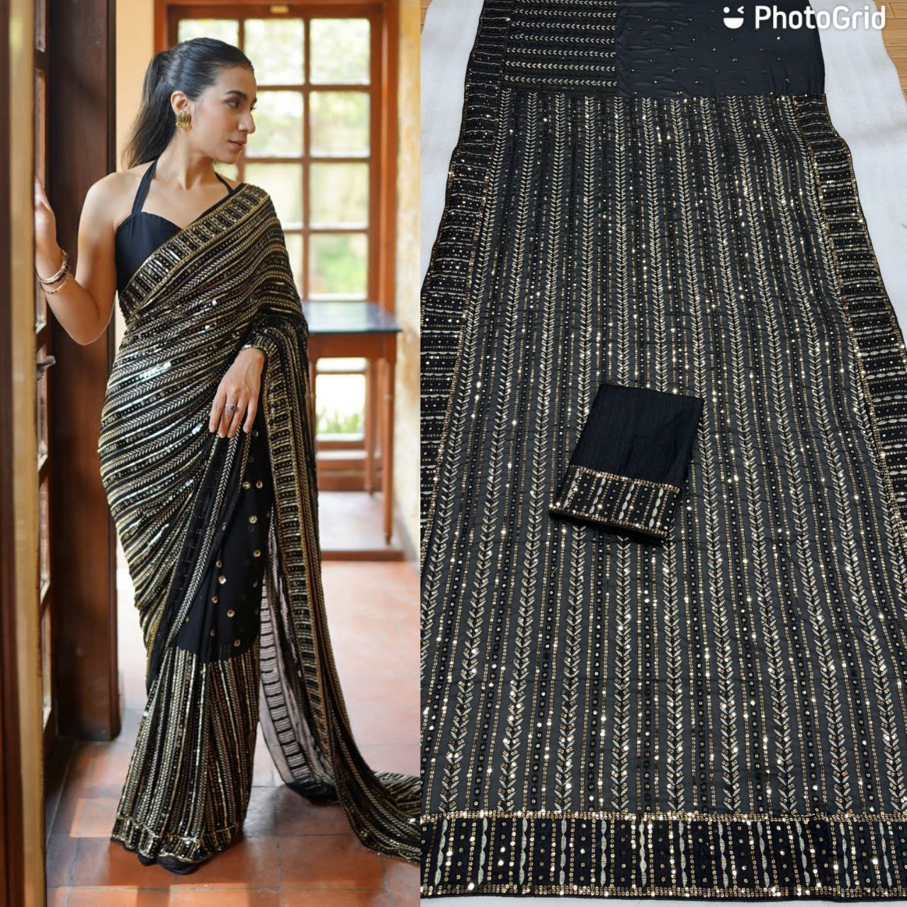 Gold Sequence Work Black Georgette Party Wear Saree