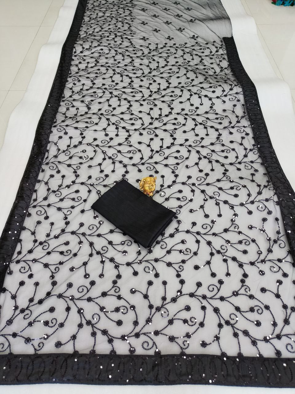 Wedding Wear Black Soft Net Embroidered Saree Blouse