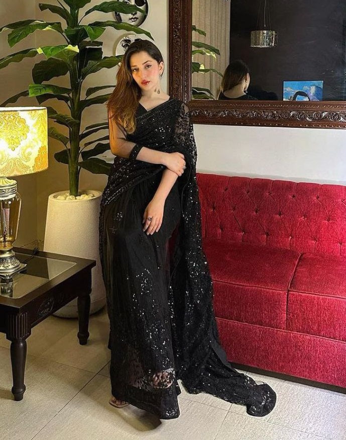 Wedding Wear Black Soft Net Embroidered Saree Blouse