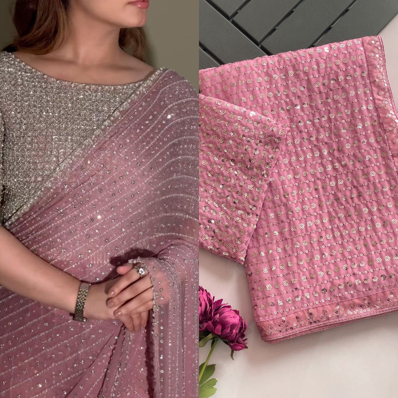 Party Wear Georgette Saree With Heavy Sequins Embroidery