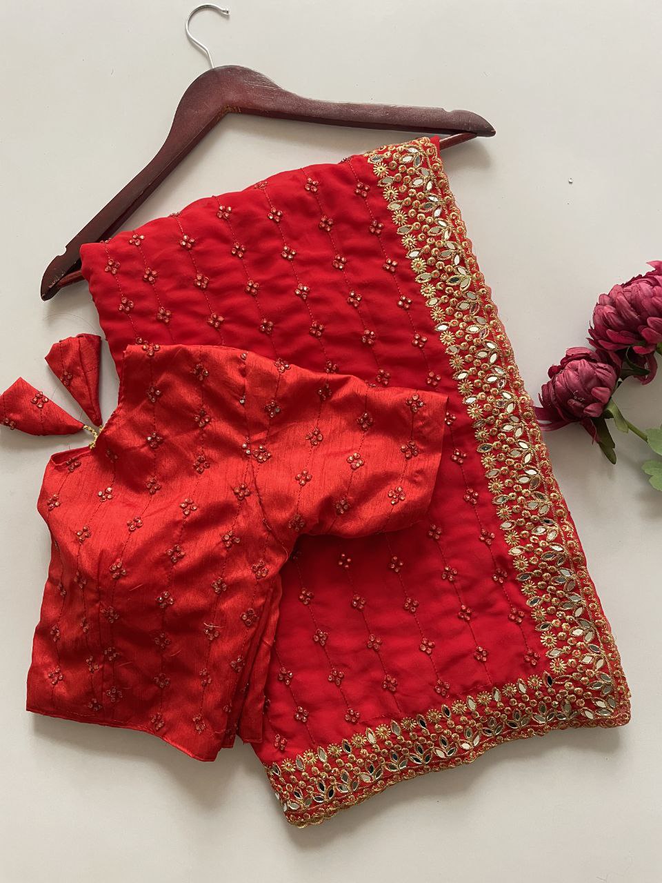 Maroon Color Soft Georgette LCD & Oringnal Mirror Work Saree