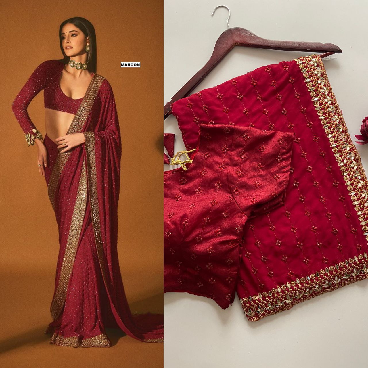Maroon Color Soft Georgette LCD & Oringnal Mirror Work Saree
