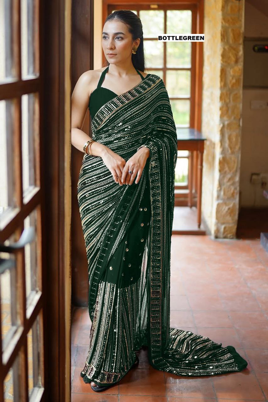 Elegant Georgette Saree With Multy Embroidery and Sequins
