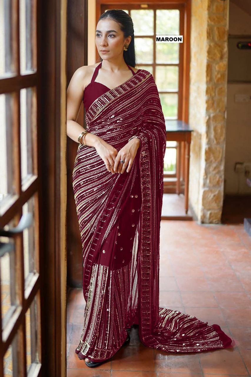 Elegant Georgette Saree With Multy Embroidery and Sequins
