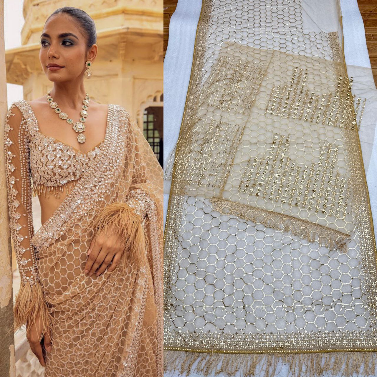 Cream Soft Net Sequence Embroidered Saree Blouse
