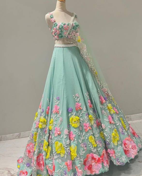 Sky Color Floral Work Lehenga Choli