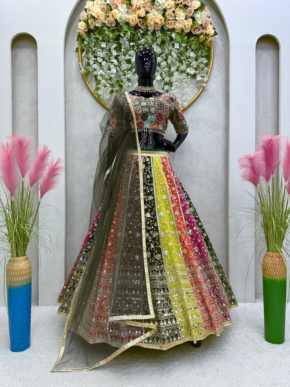 Multi Color Georgette Semi Stitched Lehenga Choli For Women