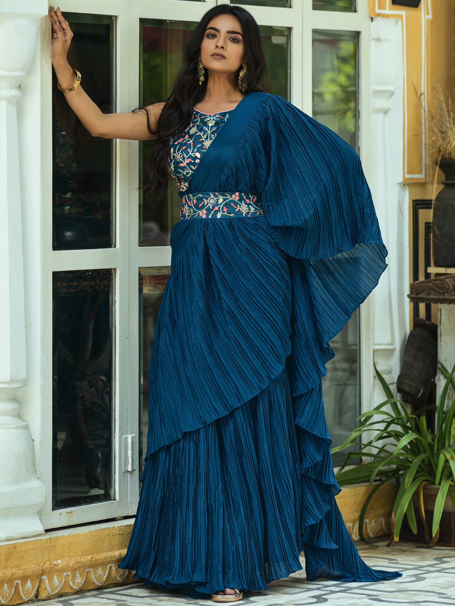 Beautiful Chinon Silk With Half Crush Pleated with Heavy Dual Sequence Work Saree