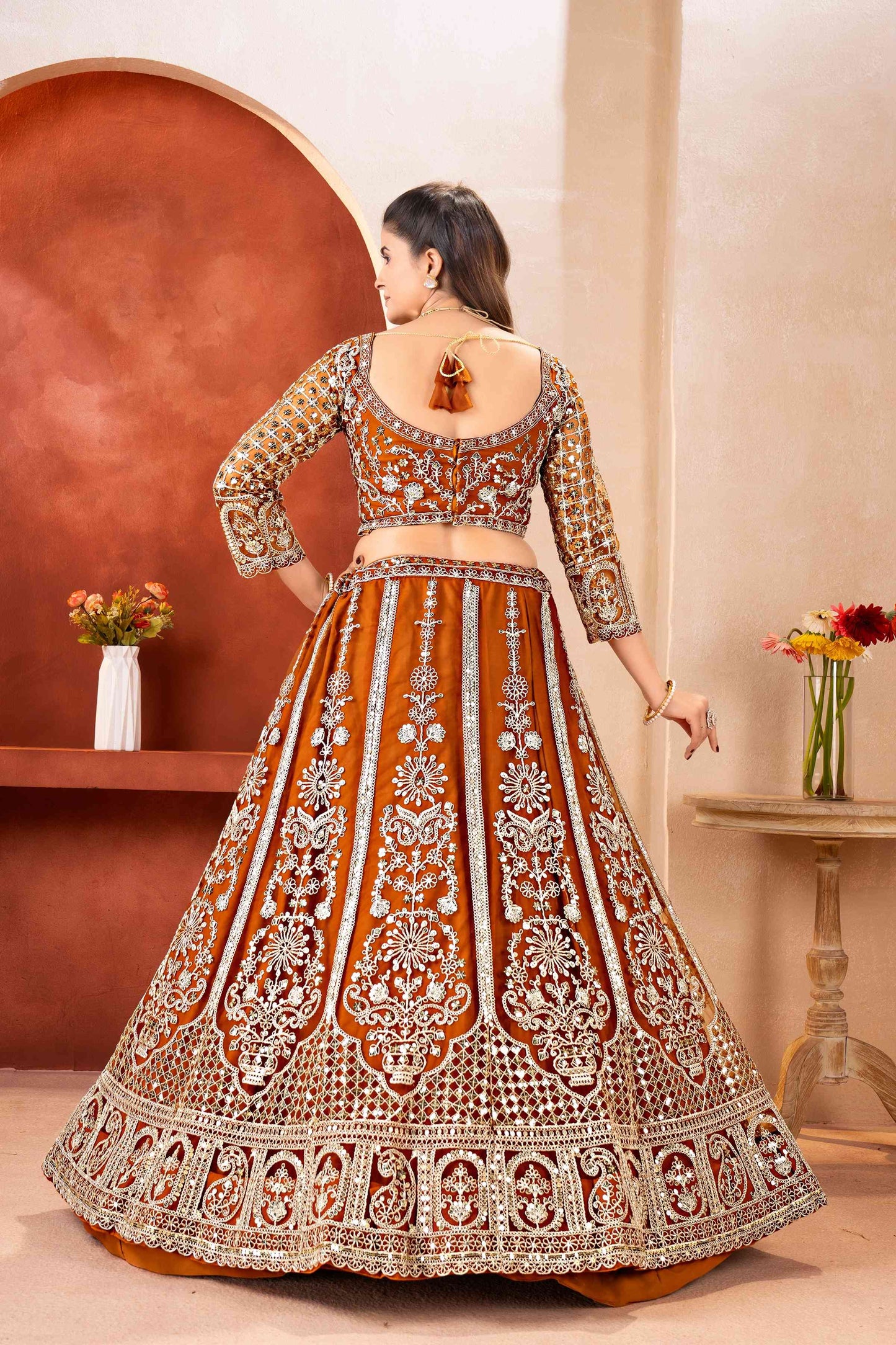 Amazing Rust Orange Butterfly Net Sequence And Embroidery Designer Sangeet Wear Lehenga Choli