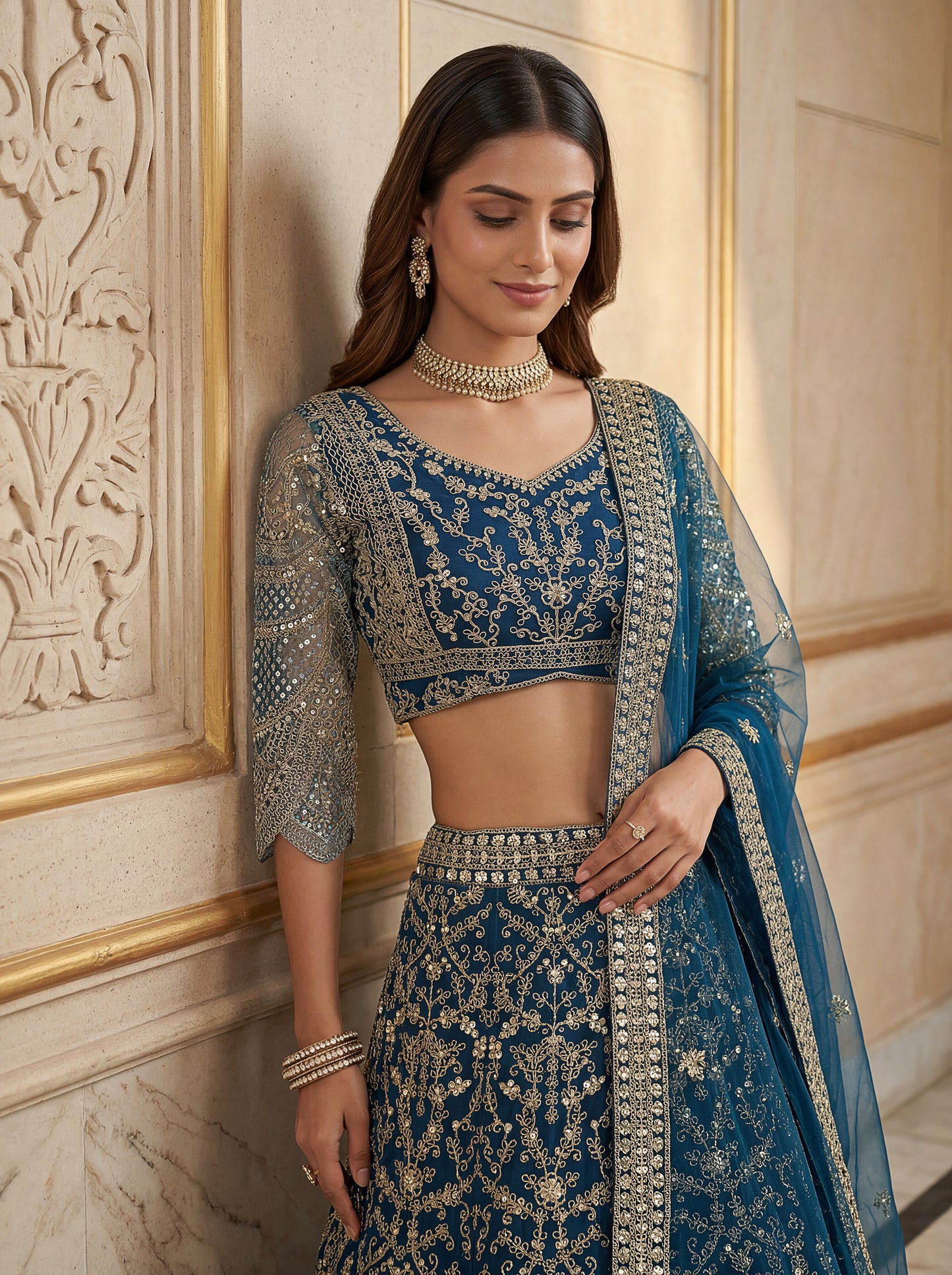 Royal Teal Blue Butterfly Net Embroidered Designer Lehenga Choli Set
