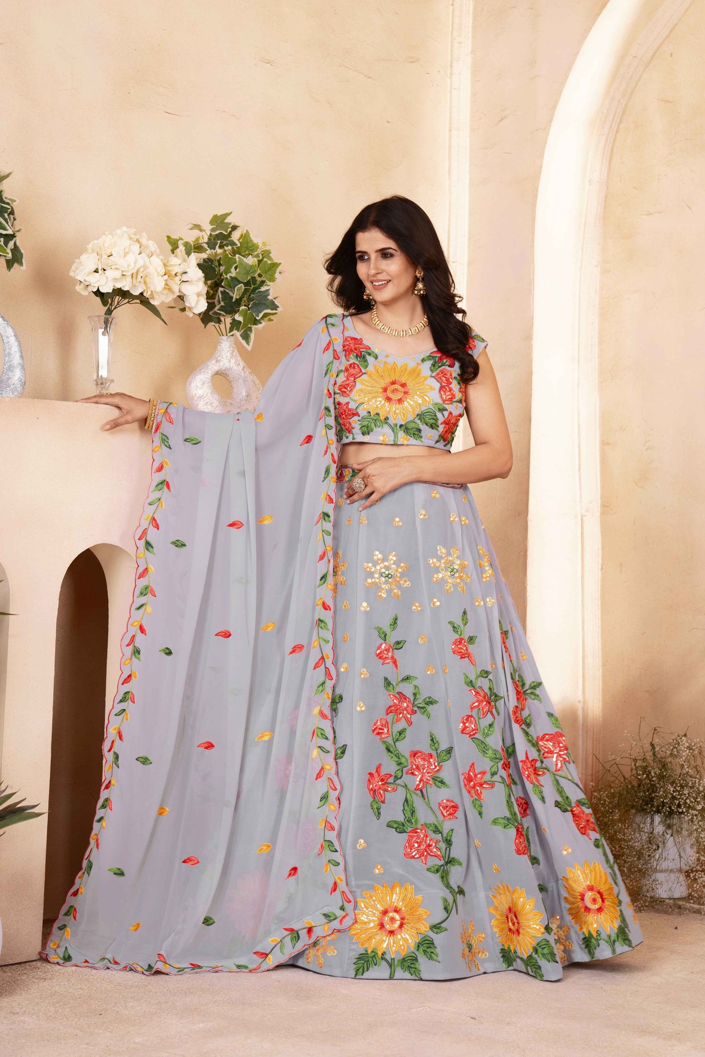 Amazing Grey Floral Embroidered Event Wear Lehenga Choli With Dupatta
