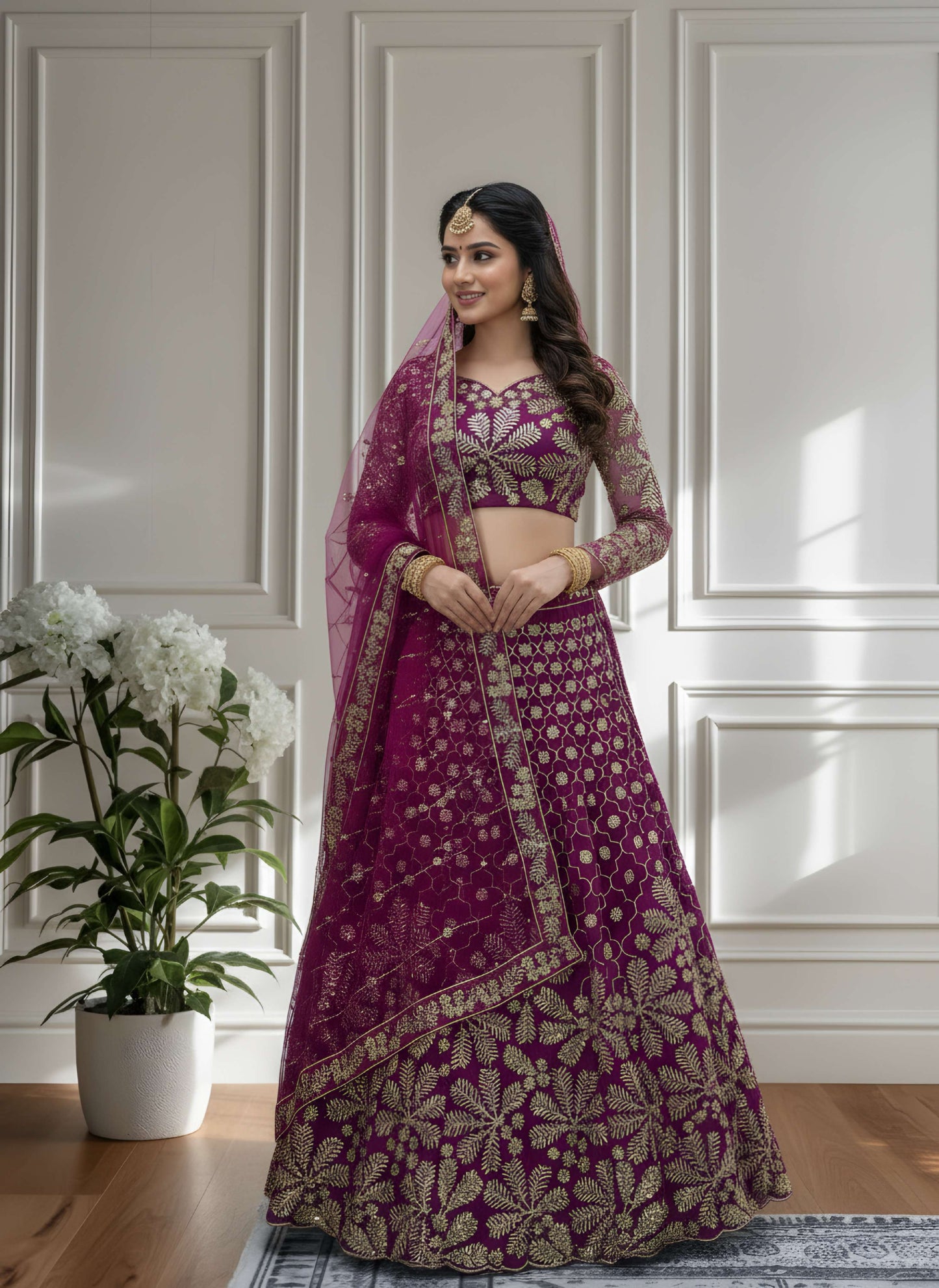 Stunning Purple Butterfly Net Golden Embroidery Bridal Wear Lehenga Choli With Dupatta