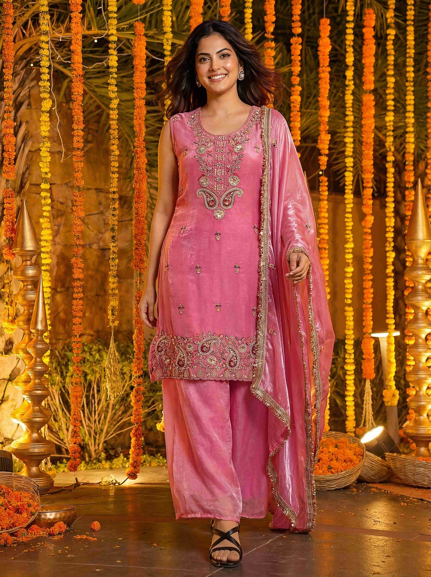 Fablous Blush Pink Fandy Silk Bids Embroidered Sequence Designer Wedding Guest Wear Salwar Suit