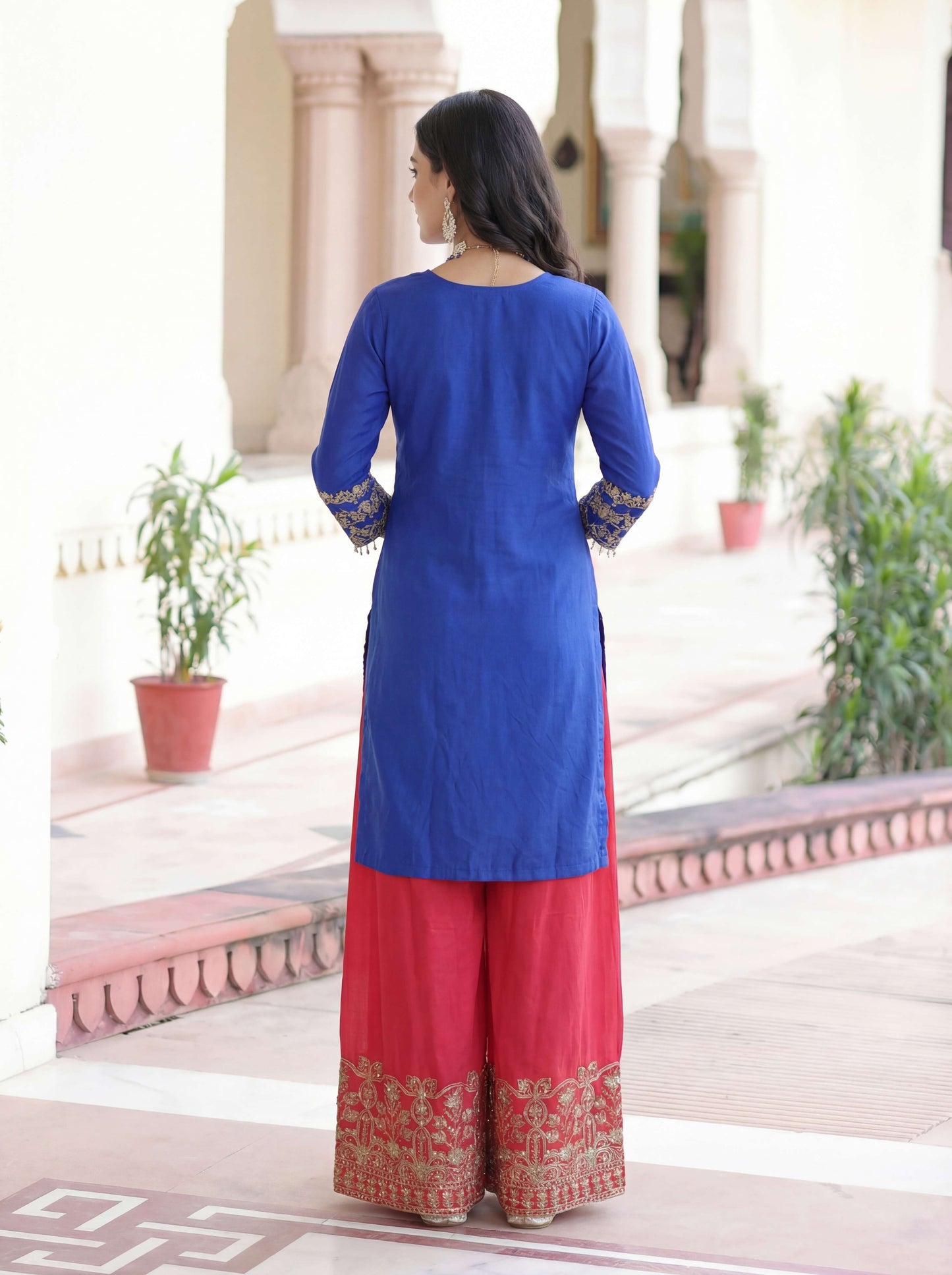 Regal Royal Blue Chinon Silk Kurti Contrast Bottom Embroidered Sequence Designer Function Wear Kurta Salwar Suit