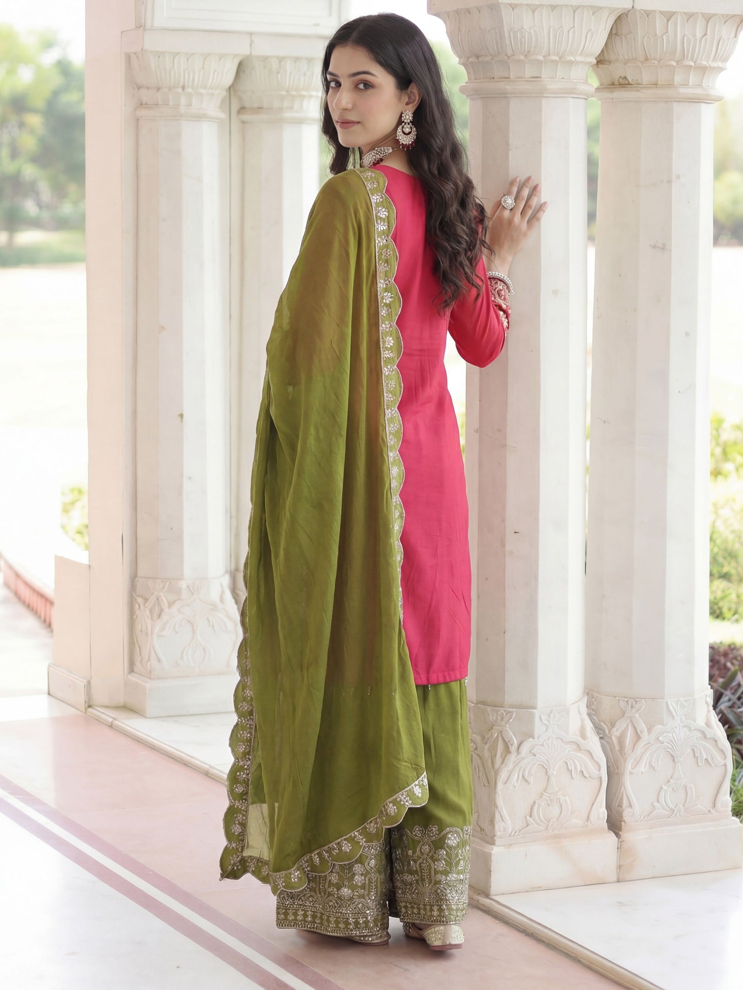 Elegant Red Chinon Silk Kurti Contrast Bottom Embroidered Sequence Designer Function Wear Kurta Salwar Suit