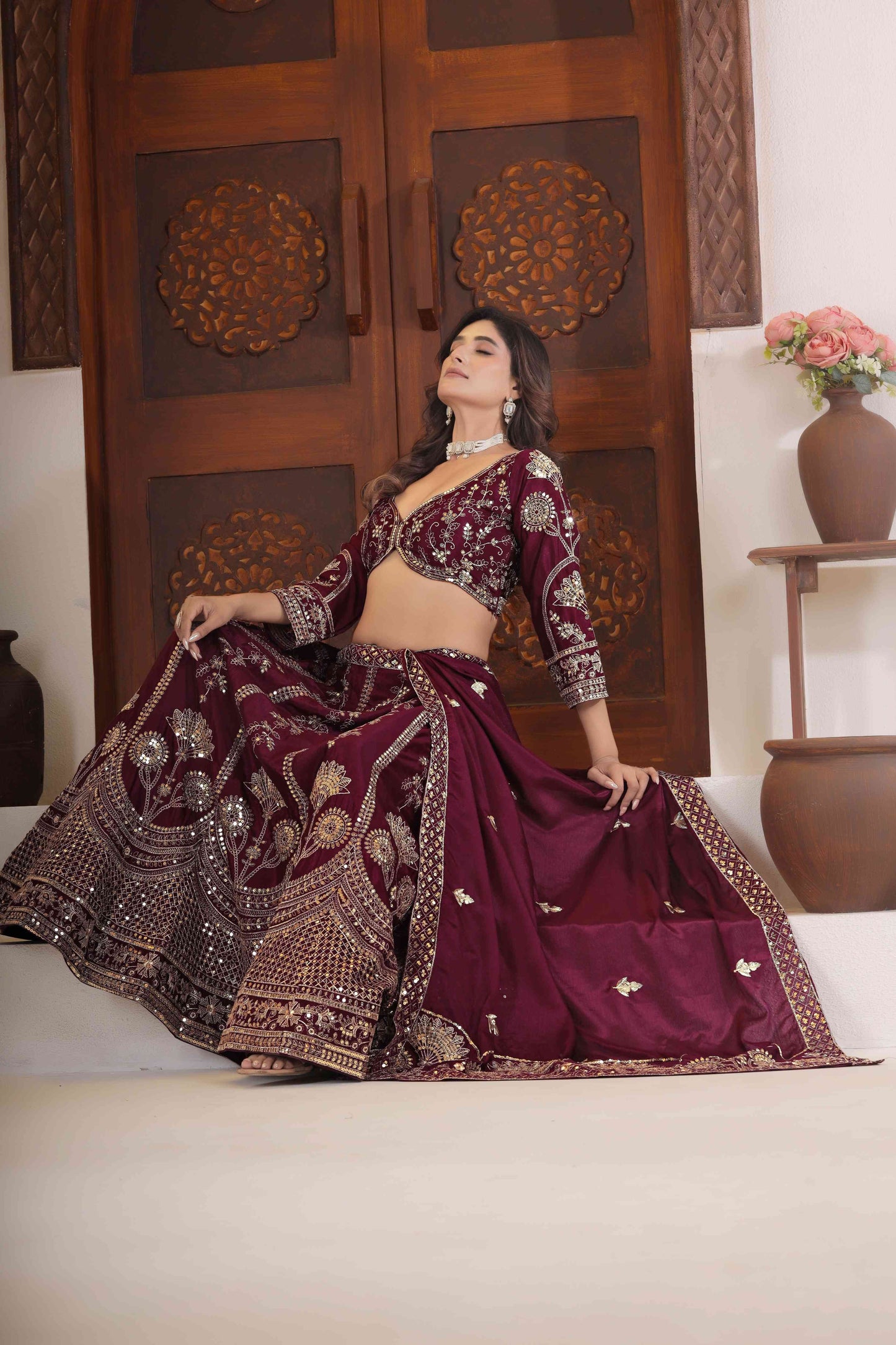 Gorgeous Wine Chinon Silk Zari Designer Wedding Wear Lehenga Choli With Dupatta