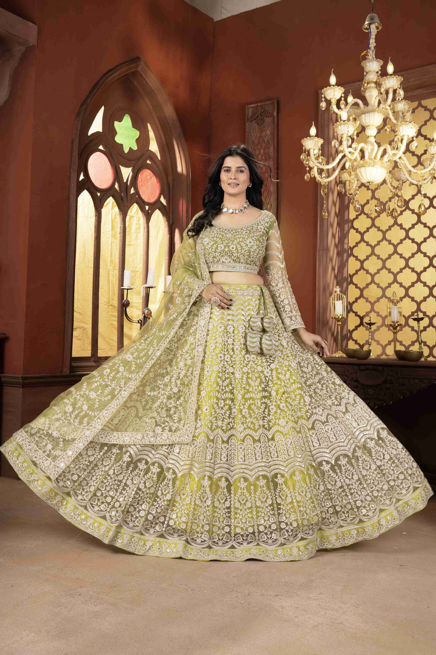 Mesmerizing Olive Green Net Mehndi Wear Embroidered Designer Lehnga Choli With Dupatta