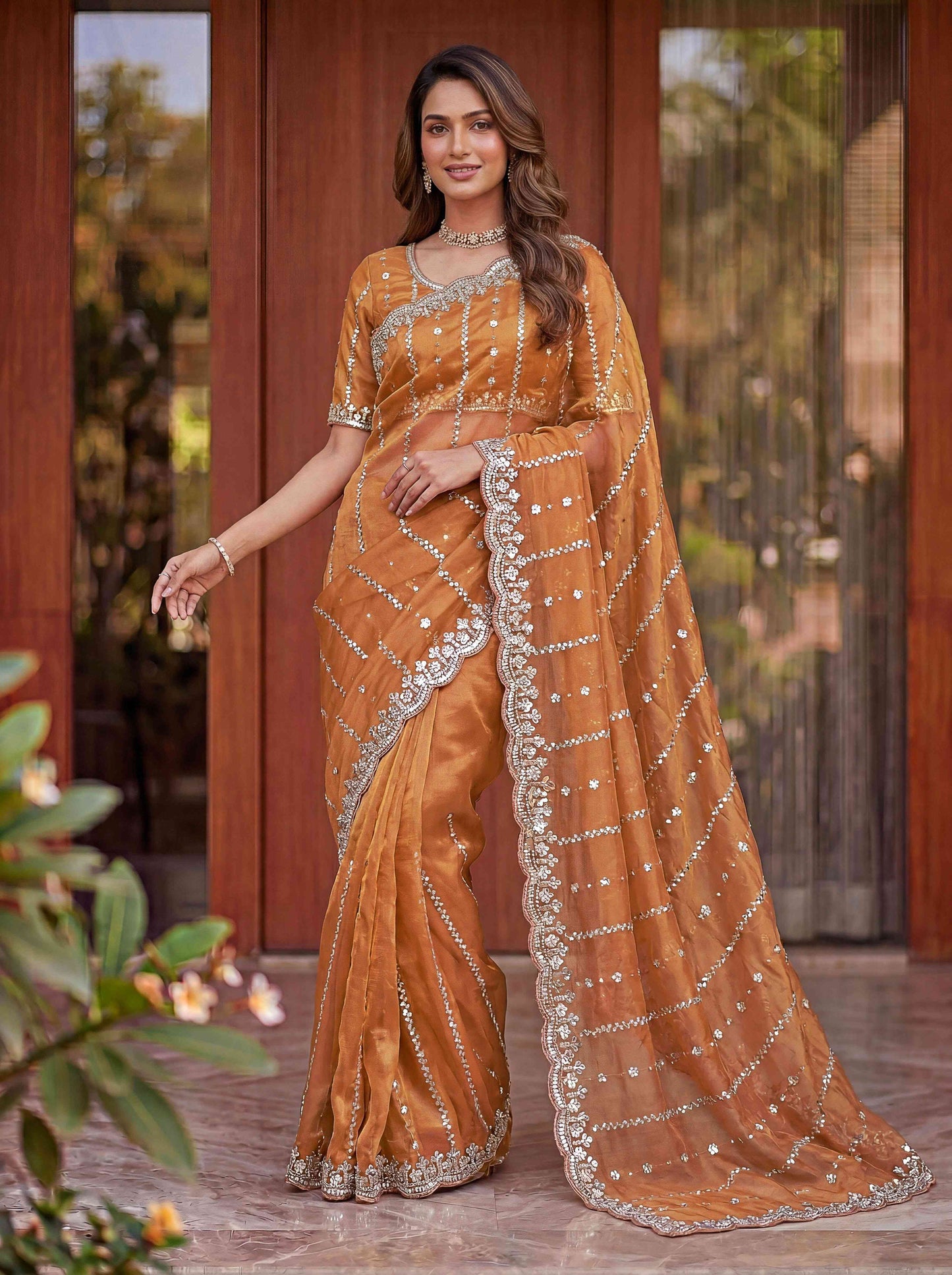 Peach Embellished Beads Designer Saree
