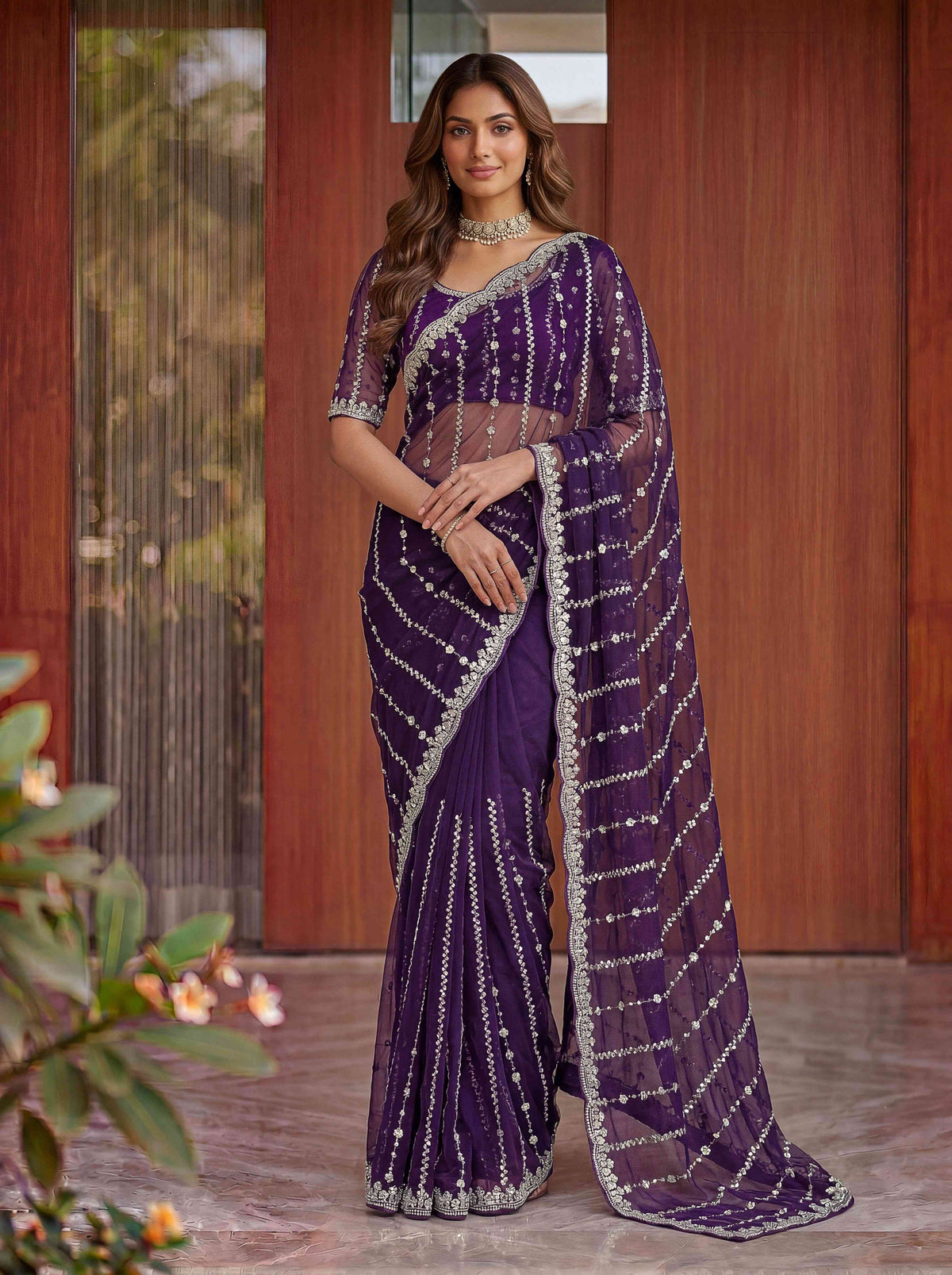 Wine Embellished Beads Designer Saree