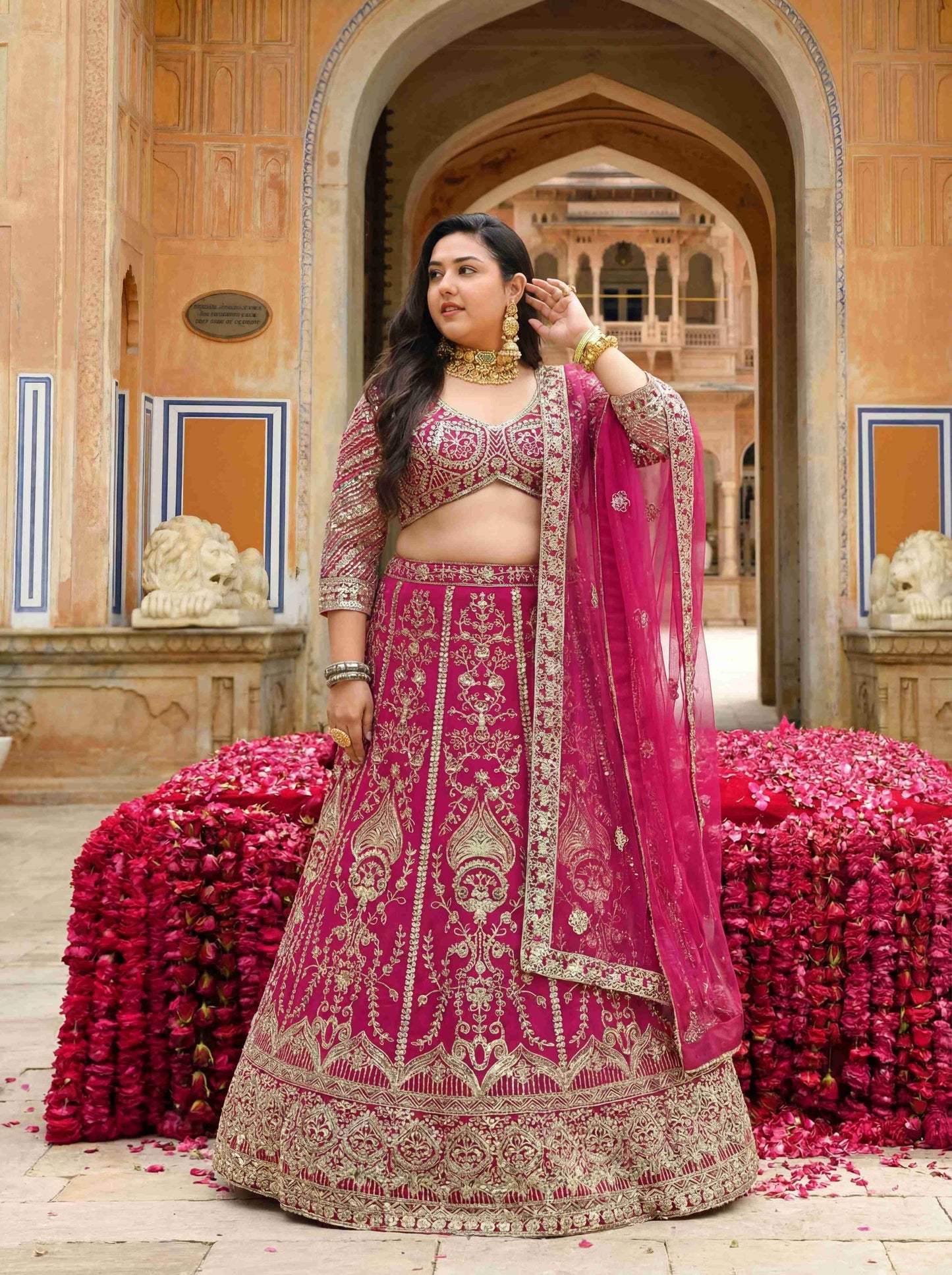 Georgeous Plus Size Hot Pink Sangeet Wear Butterfly Net Royal Lehenga Choli With Dupatta