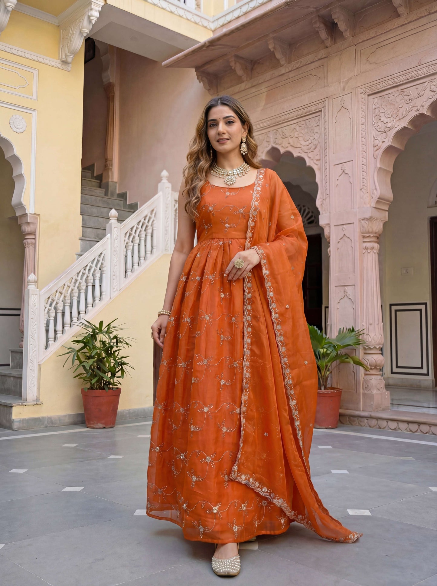 Elegant Rust Orange Fandy Silk Embroidered Sequence Designer Festive Wear Anarkali Gown Set