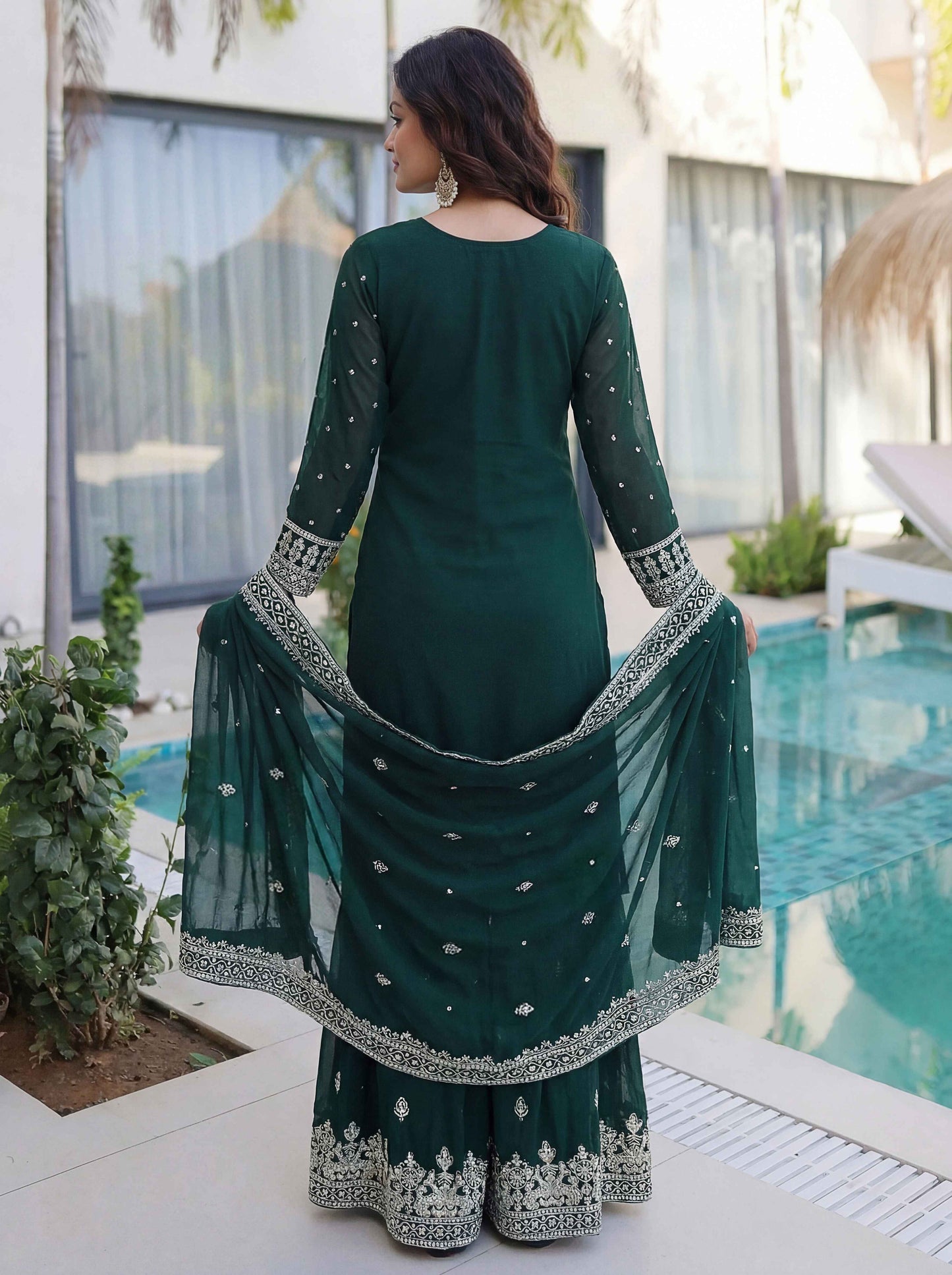 Elegant Bottel Green Embroidered Sharara Suit with Work and Matching Dupatta