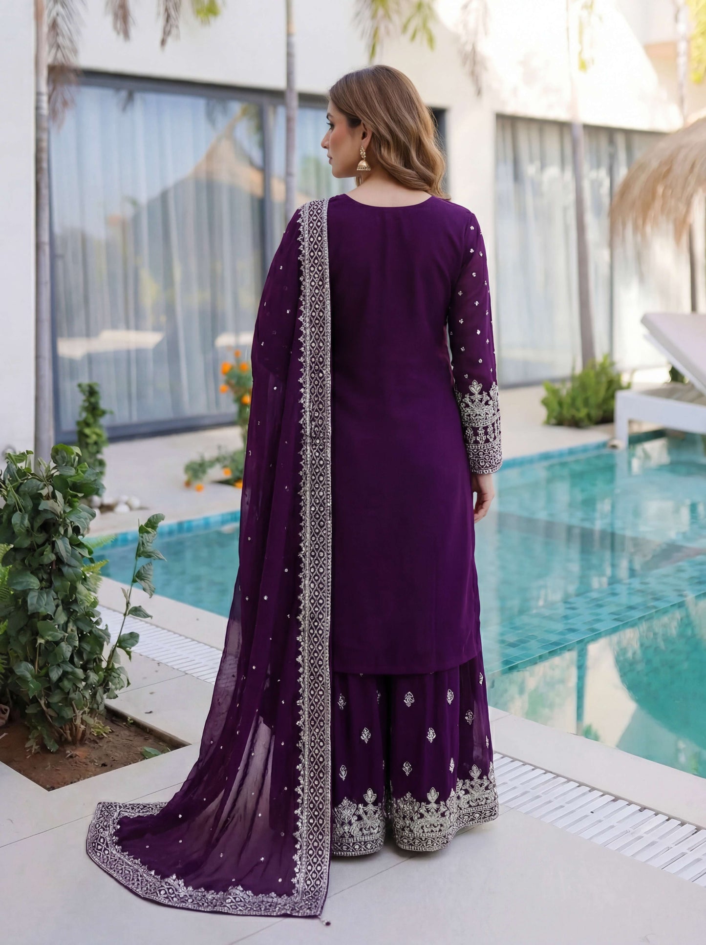 Awesome Purple Embroidered Sharara Suit with Work and Matching Dupatta