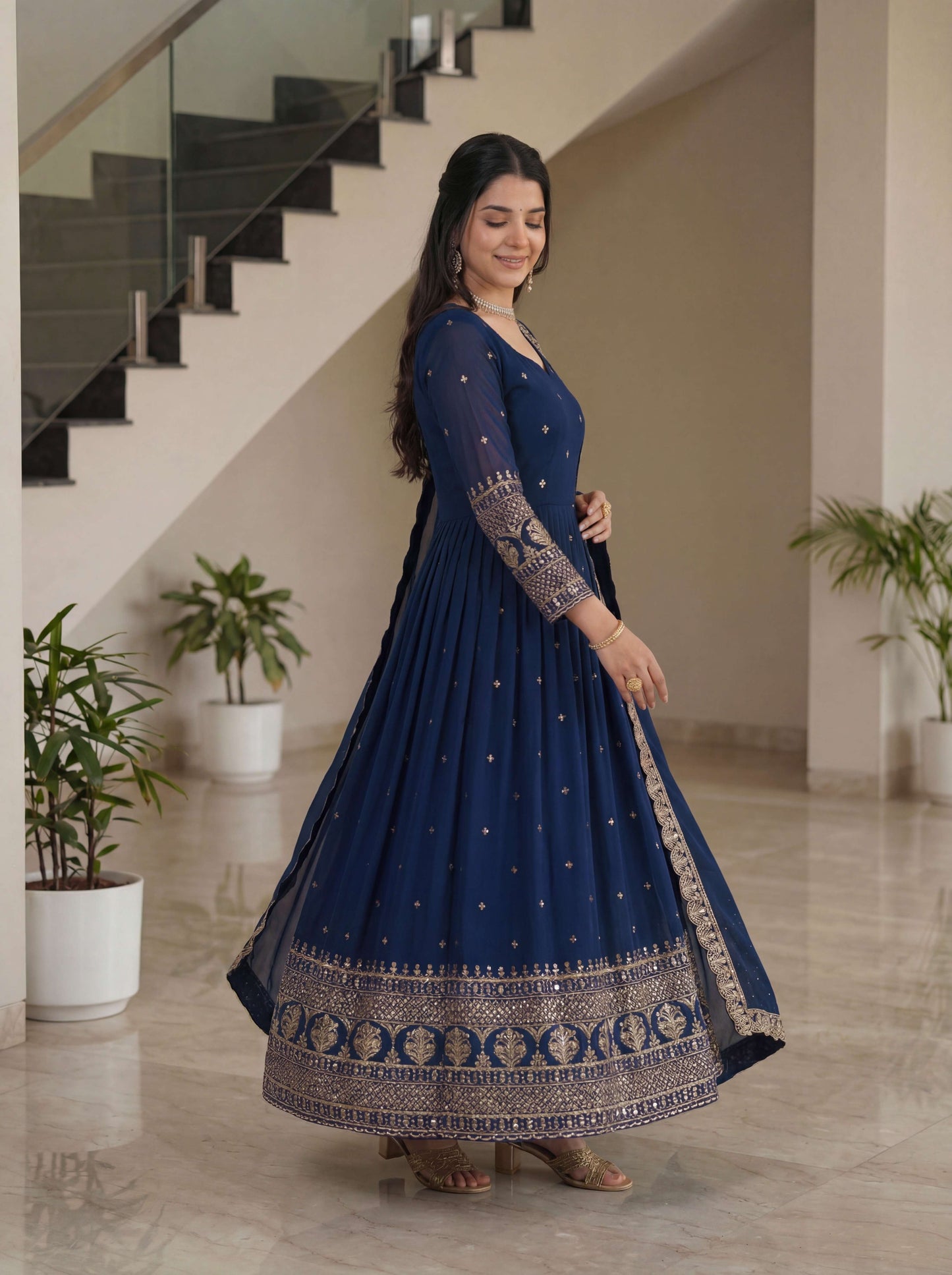 Graceful Navy Blue Silk Embroidered Sequence Zari Designer Festive Wear Anarkali Gown Set