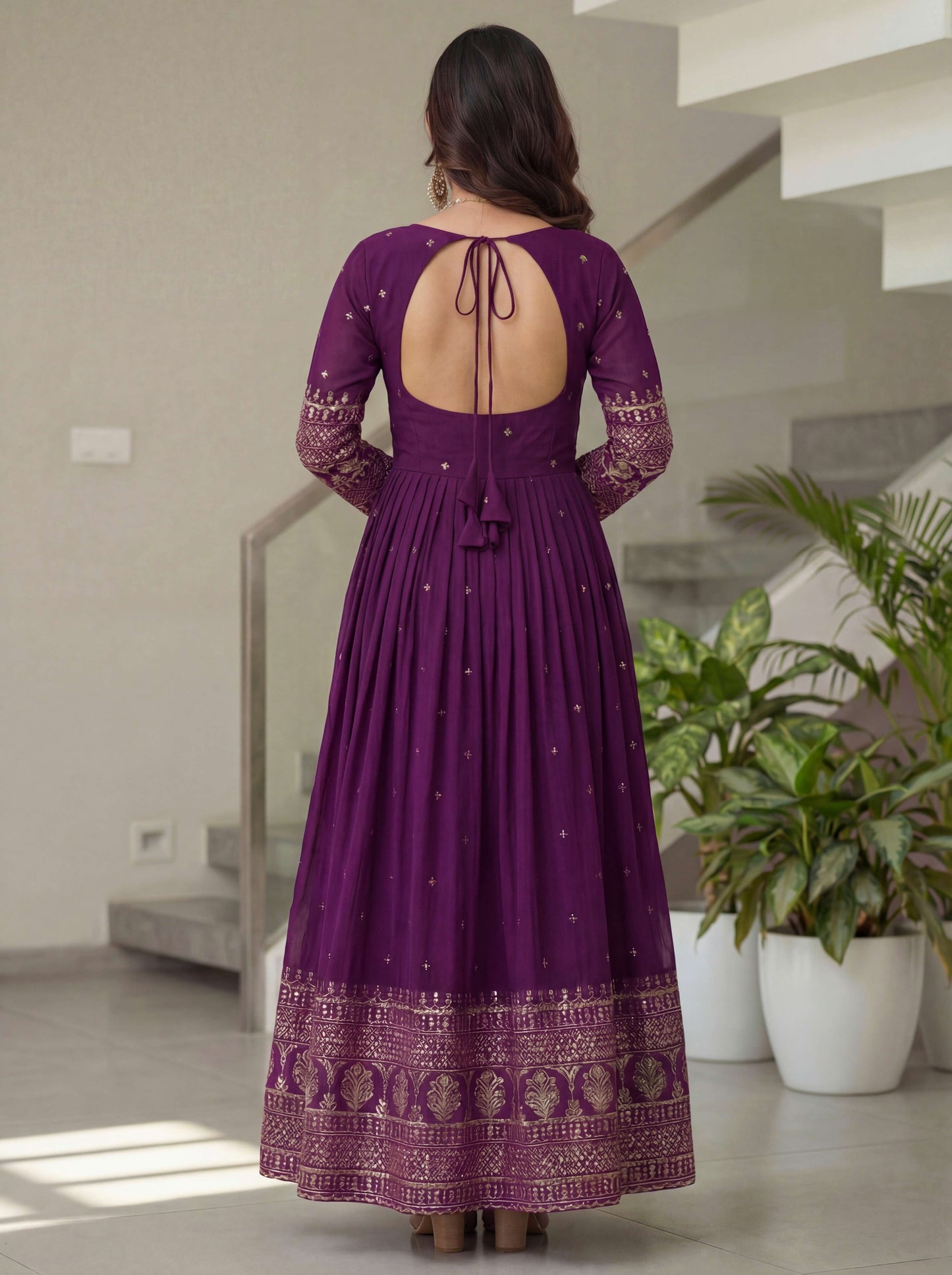 Adorable Plum Purple Silk Embroidered Sequence Zari Designer Festive Wear Anarkali Gown Set