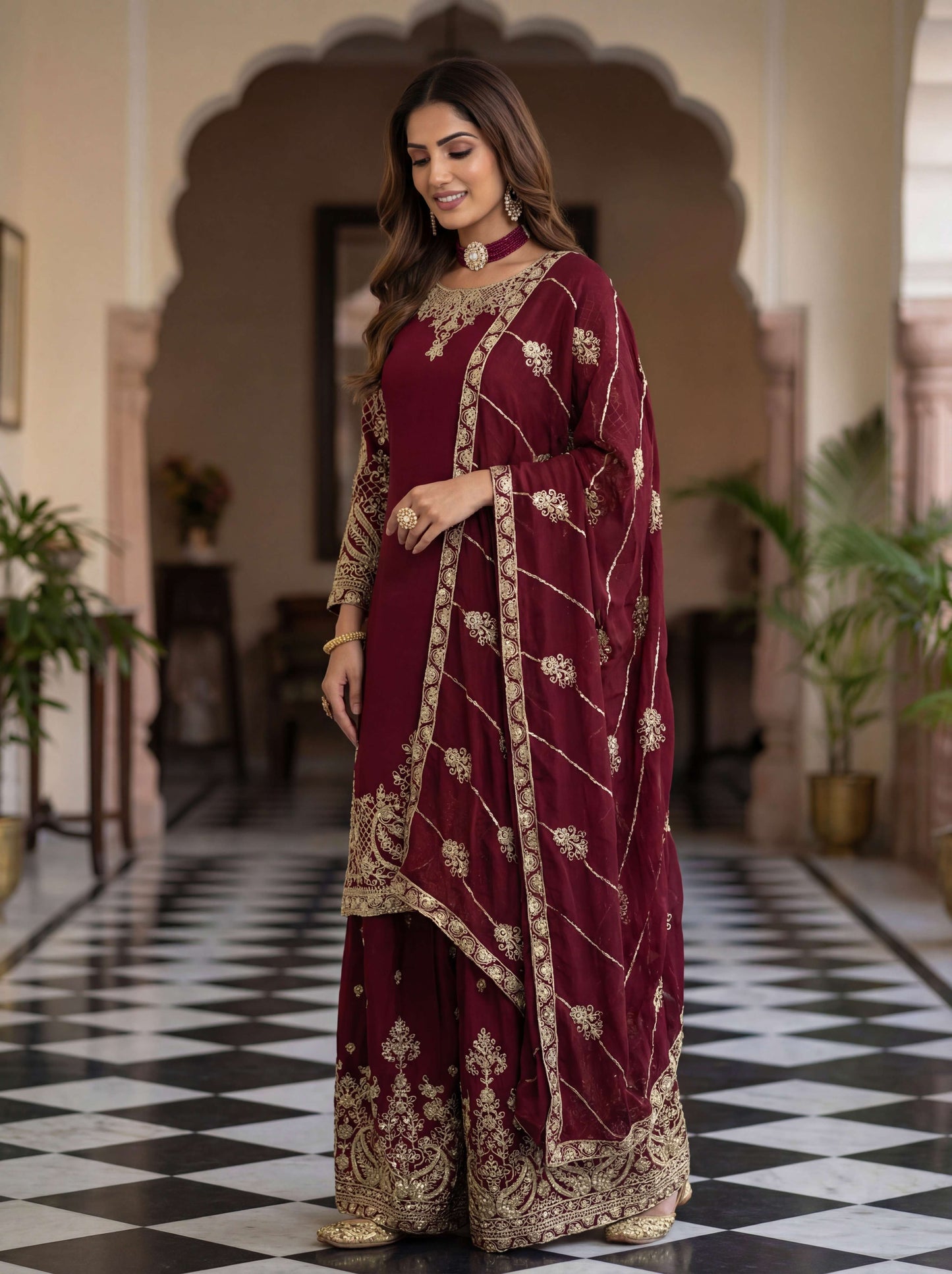 Lovely Maroon Chinon Embroidered Sequence Designer Function Wear Kurta Salwar Suit