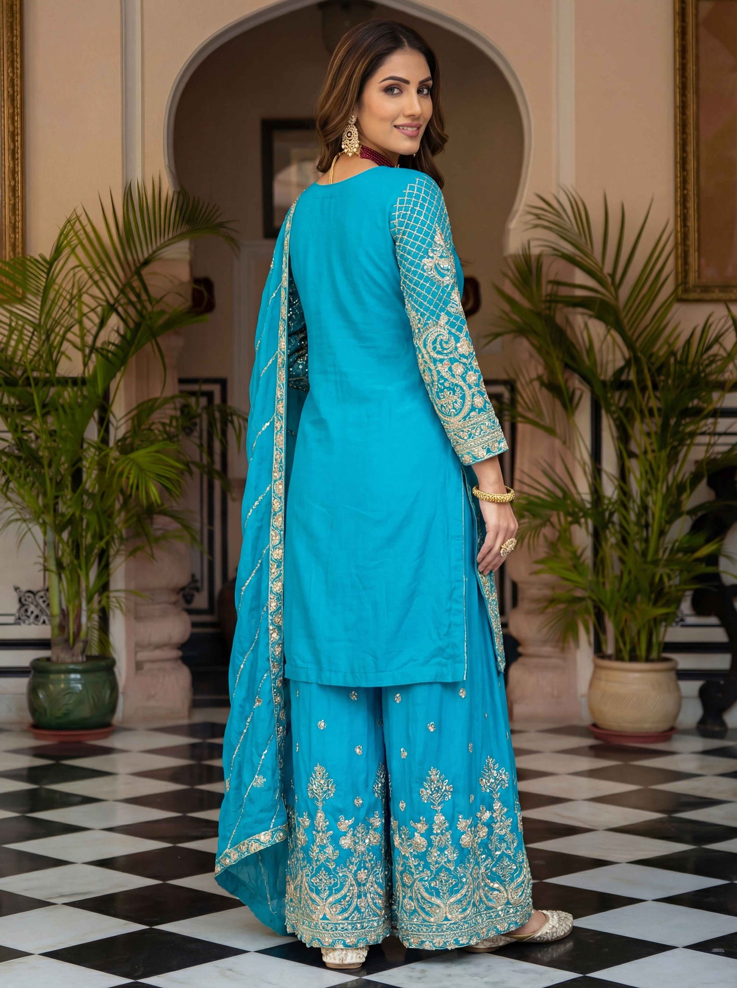 Blooming turquoise blue Chinon Embroidered Sequence Designer Function Wear Kurta Salwar Suit