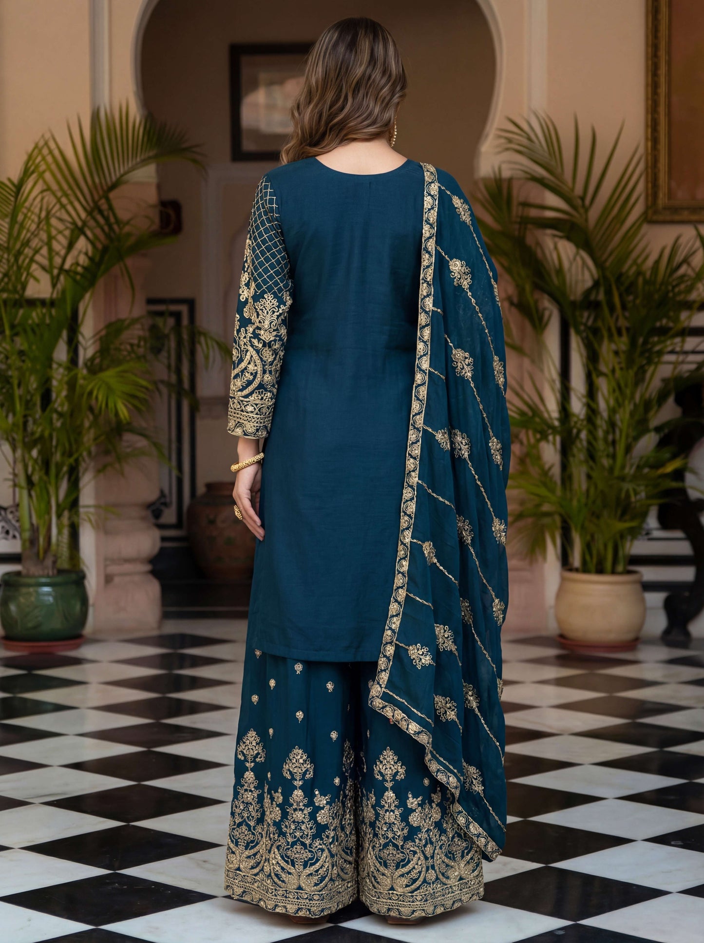 Fablous Teal Blue Chinon Embroidered Sequence Designer Function Wear Kurta Salwar Suit
