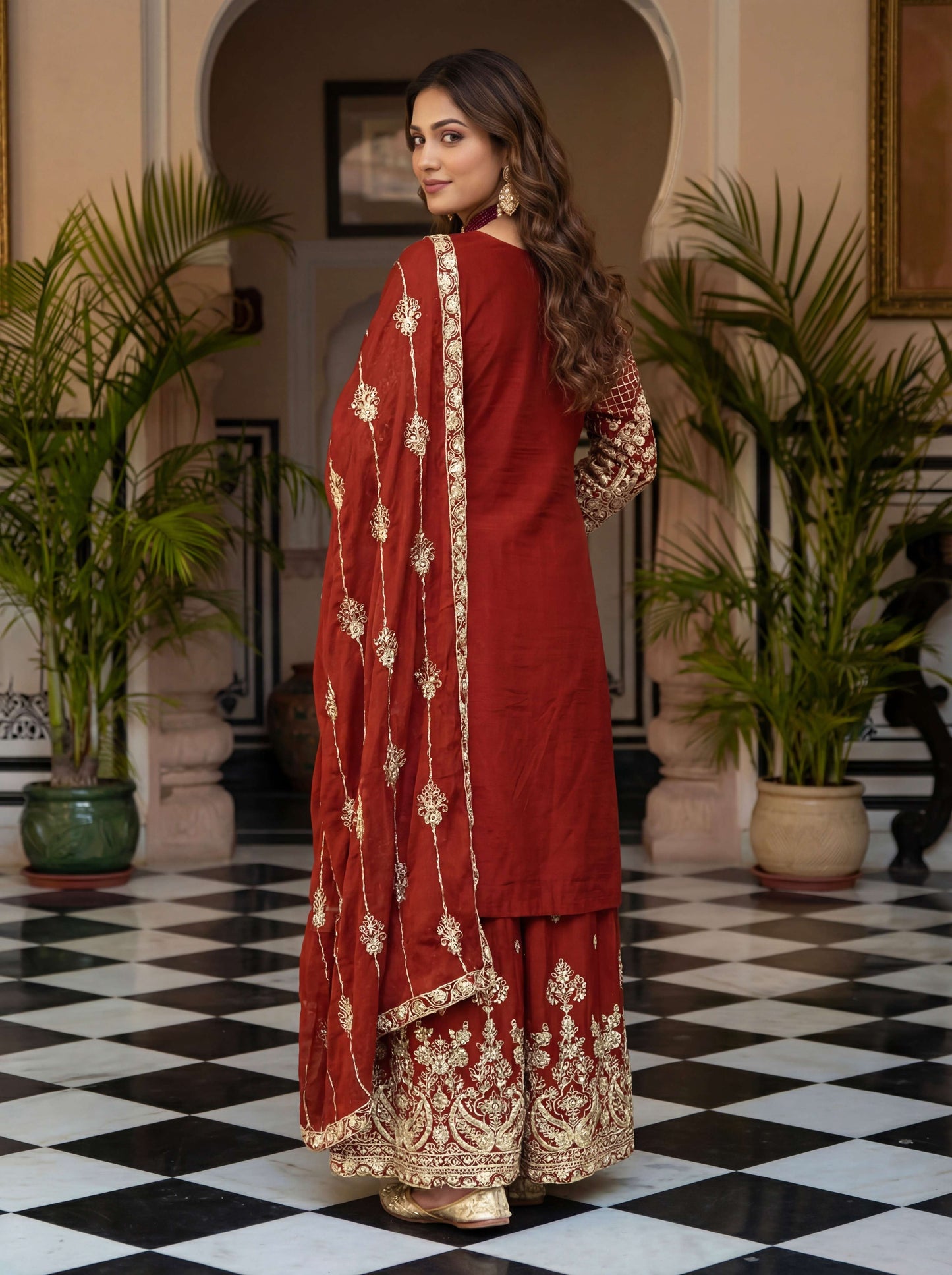 Beautiful Red Chinon Embroidered Sequence Designer Function Wear Kurta Salwar Suit
