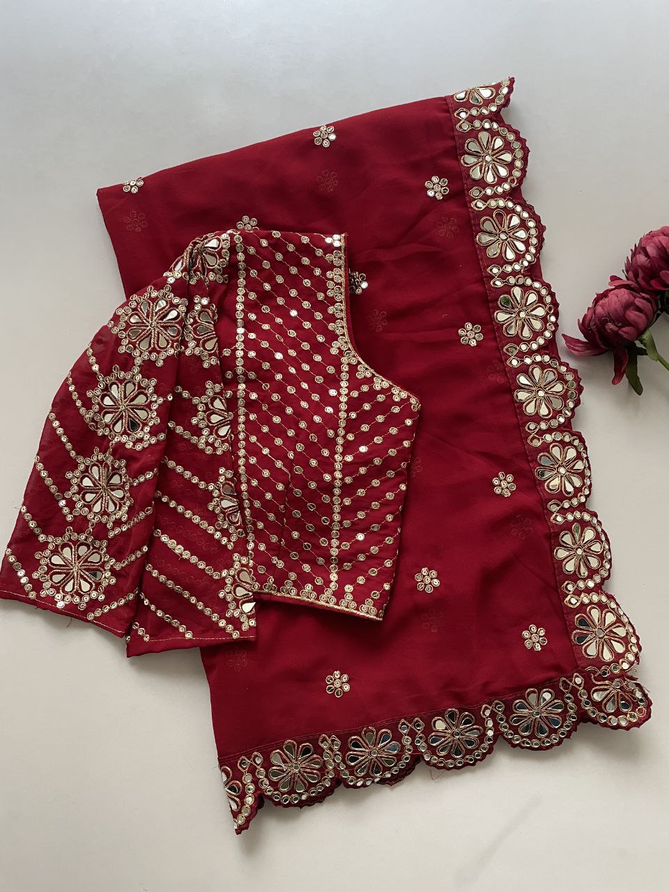 Stitched Blouse With Real Mirror Work Georgette Saree