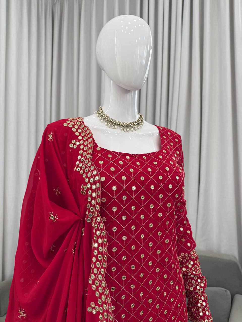 Rich Deep Red Colour Golden Sequin And Thread Embroidery Work Fully Stiched Sharara Suit