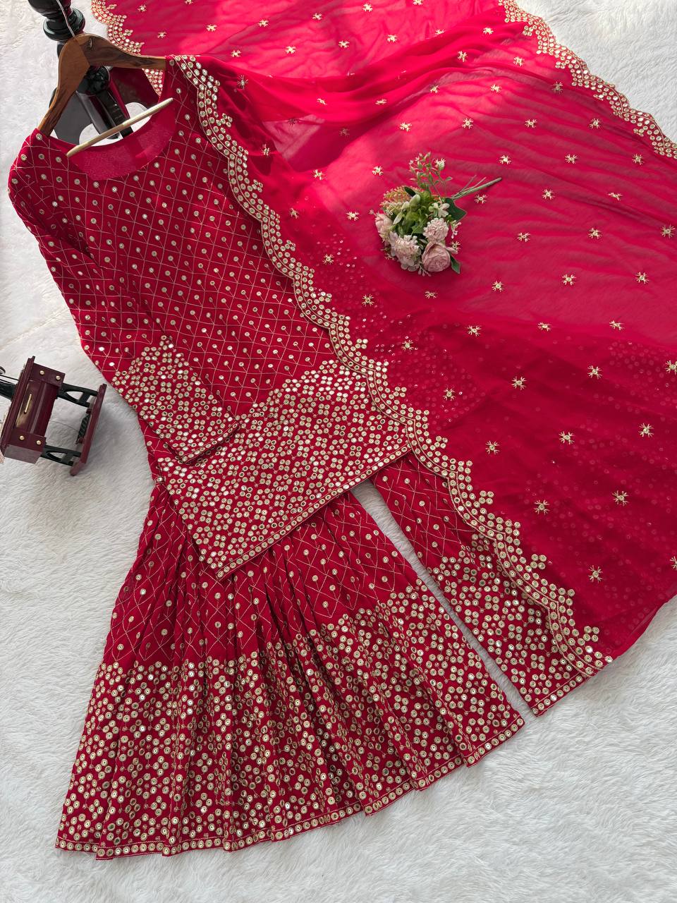 Rich Deep Red Colour Golden Sequin And Thread Embroidery Work Fully Stiched Sharara Suit