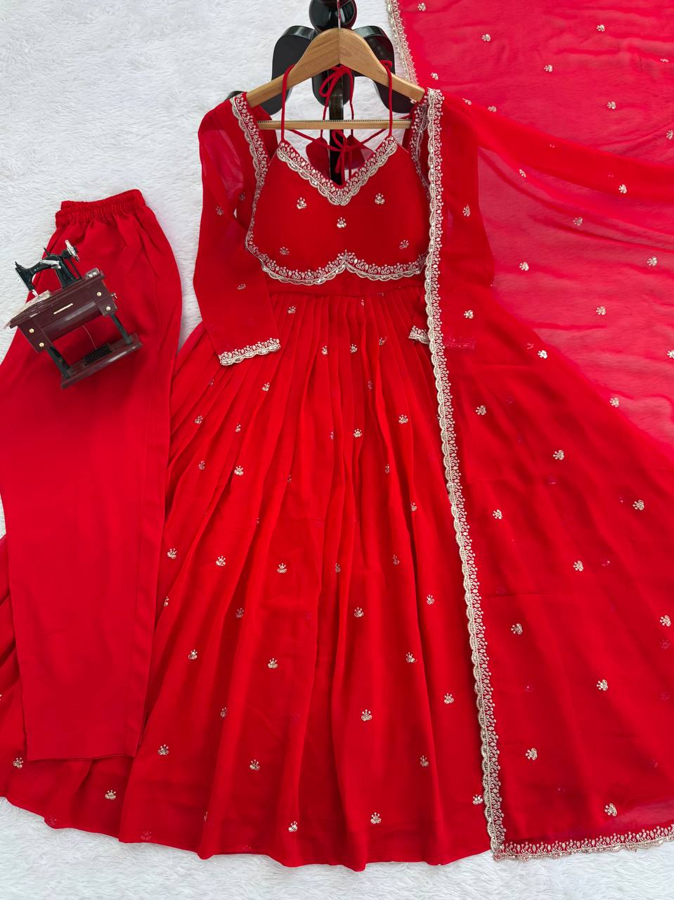 Red Georgette Anarkali Suit Set with 4-Meter Flair Fully Stiched