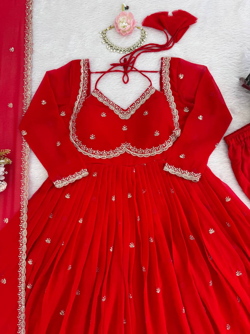 Red Georgette Anarkali Suit Set with 4-Meter Flair Fully Stiched