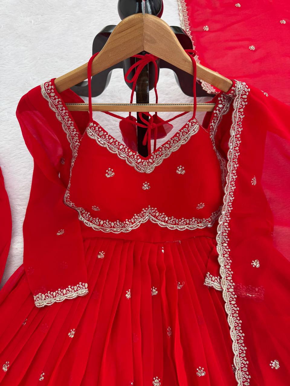 Red Georgette Anarkali Suit Set with 4-Meter Flair Fully Stiched