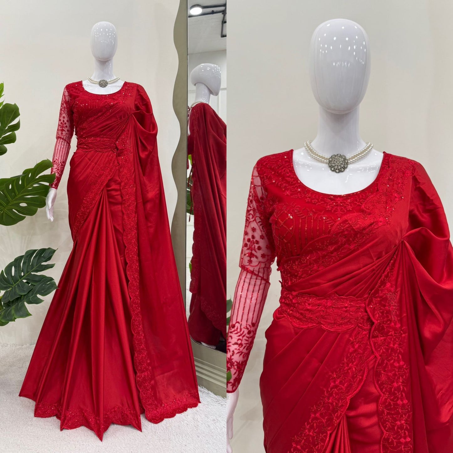 Satin Silk Red Color With Belt and Designer Blouse