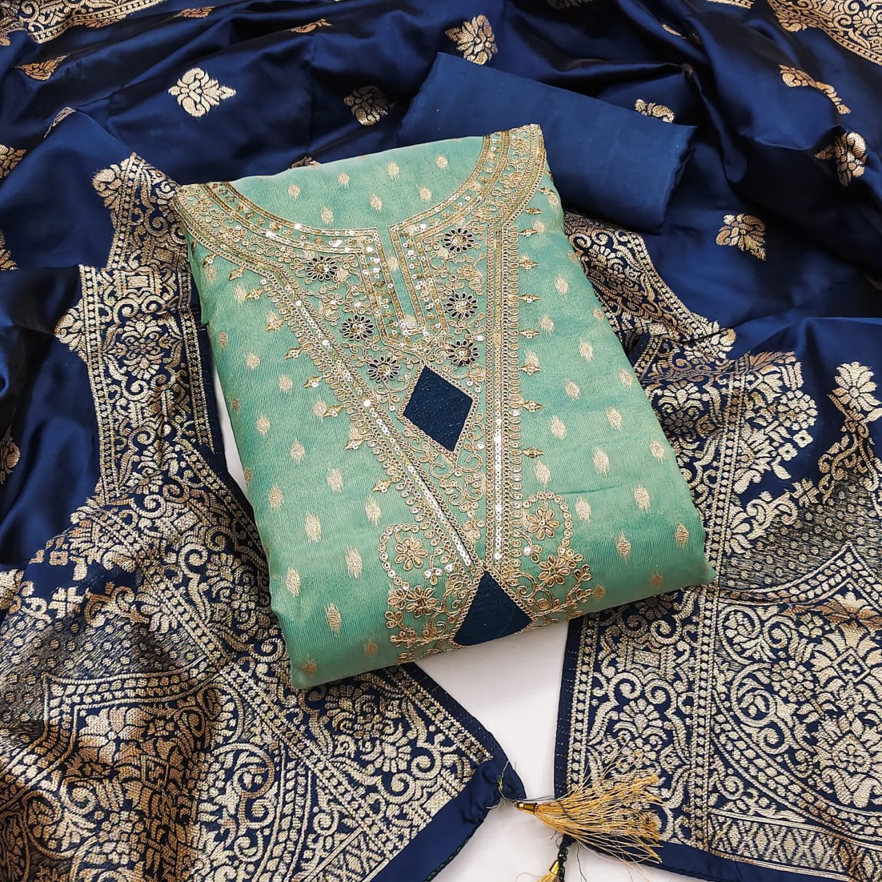 Banarasi Zakard Dupatta Suit with Premium Simmer Silk Top